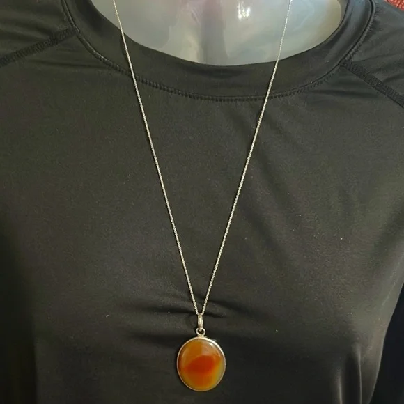 14K White Gold Chain Amber Agate Pendant Necklace 925 Silver - Picture 12 of 15